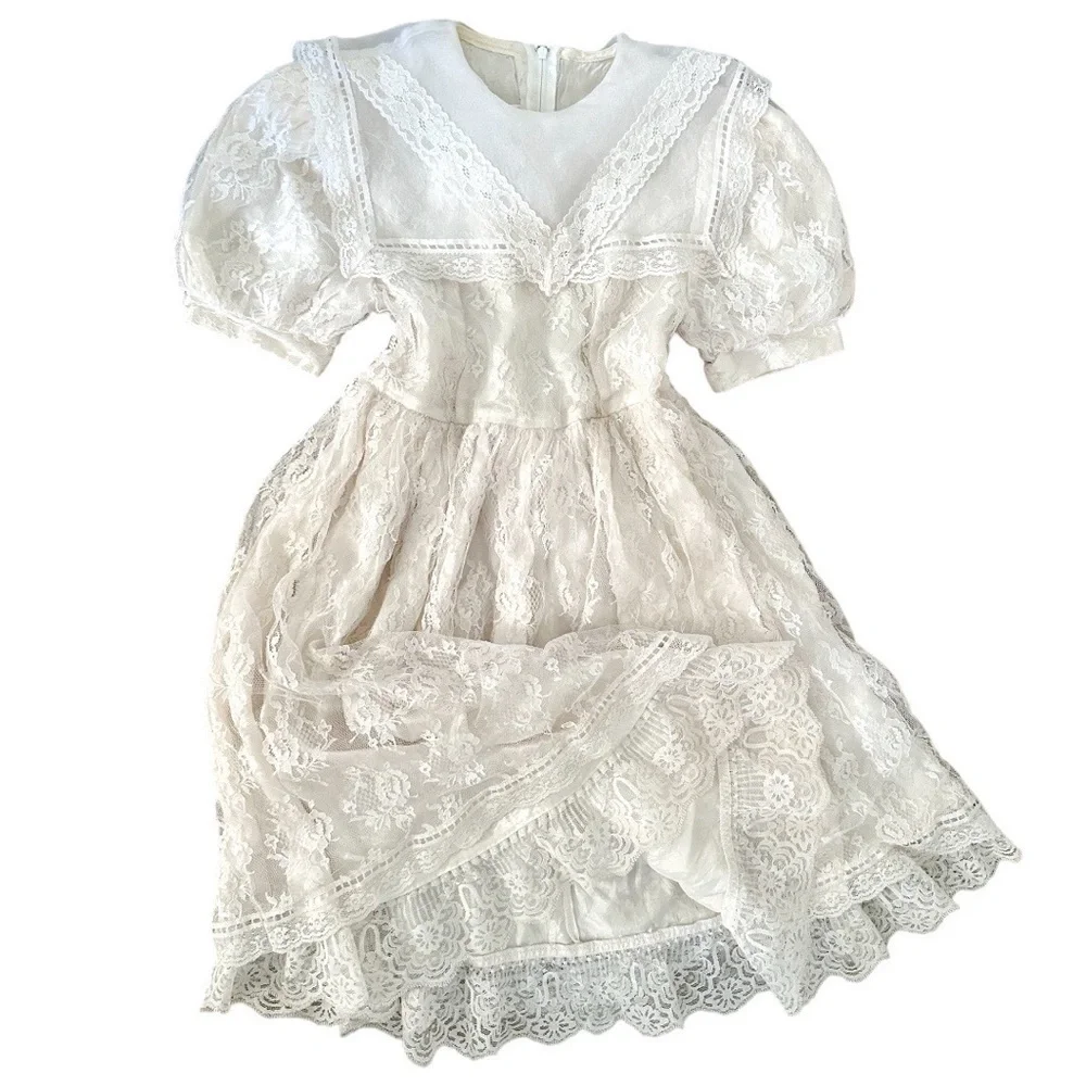VINTAGE Gunne Sax Jessica McClintock Girls Lace Dress Size 7 Back Zip Lined